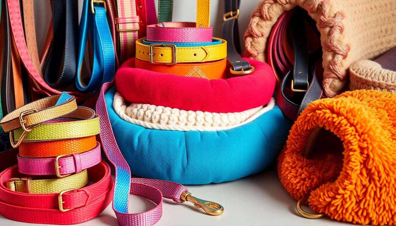 Showcasing vibrant pet accessories such as collars and leashes, enhancing pet style and comfort.