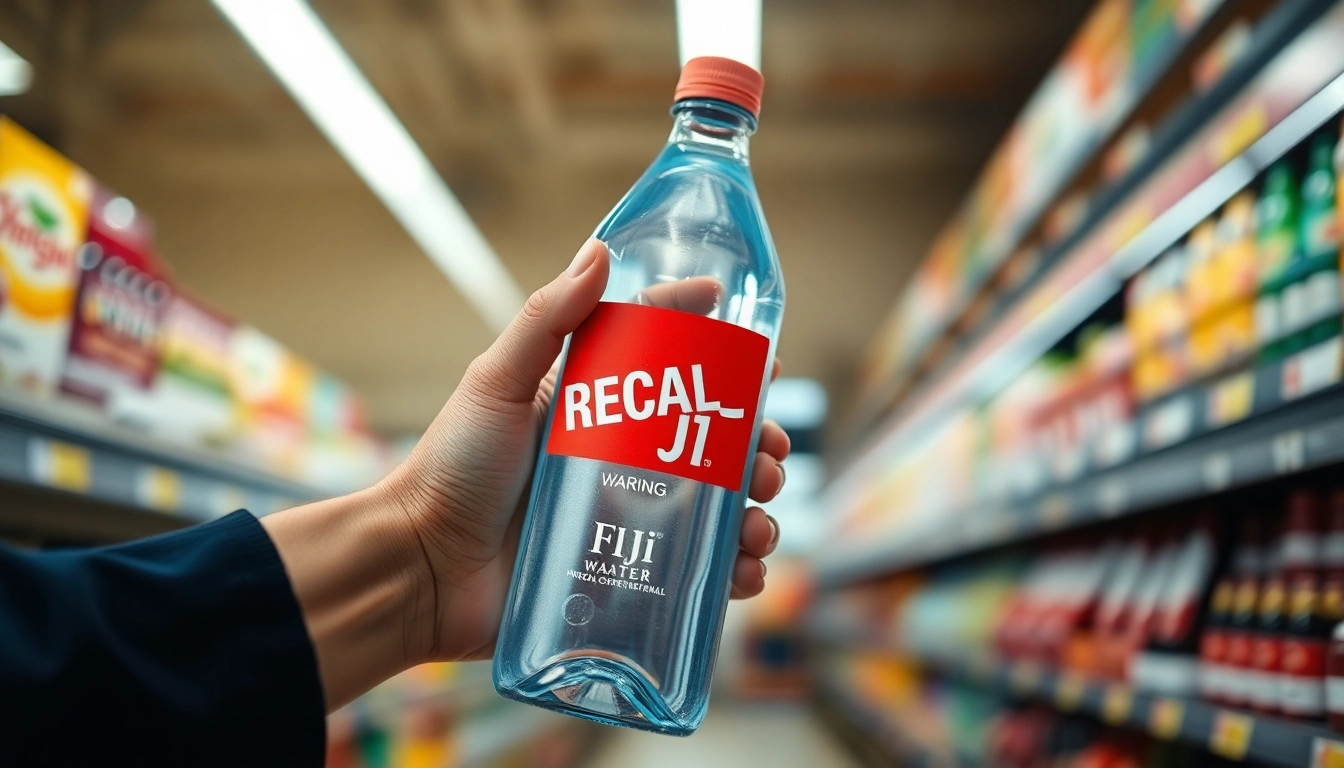 Highlighting the FDA recalls Fiji water due to contamination, a bottle labeled as recalled is shown against a supermarket backdrop.