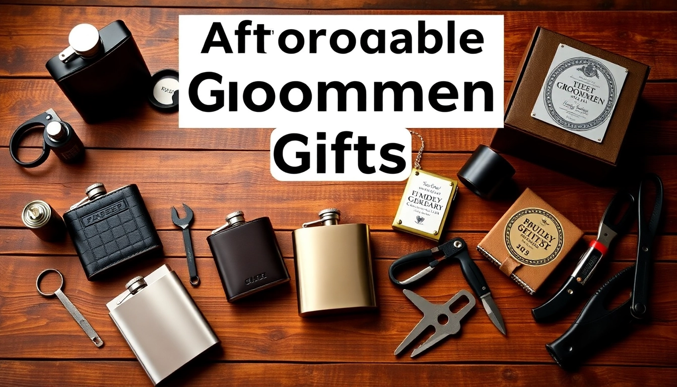 Showcase a selection of cheap groomsmen gifts including personalized flasks and multi-tools for weddings.