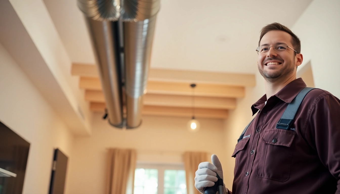 Air duct cleaning salt lake city technician professionally cleaning air ducts in a bright home setting.