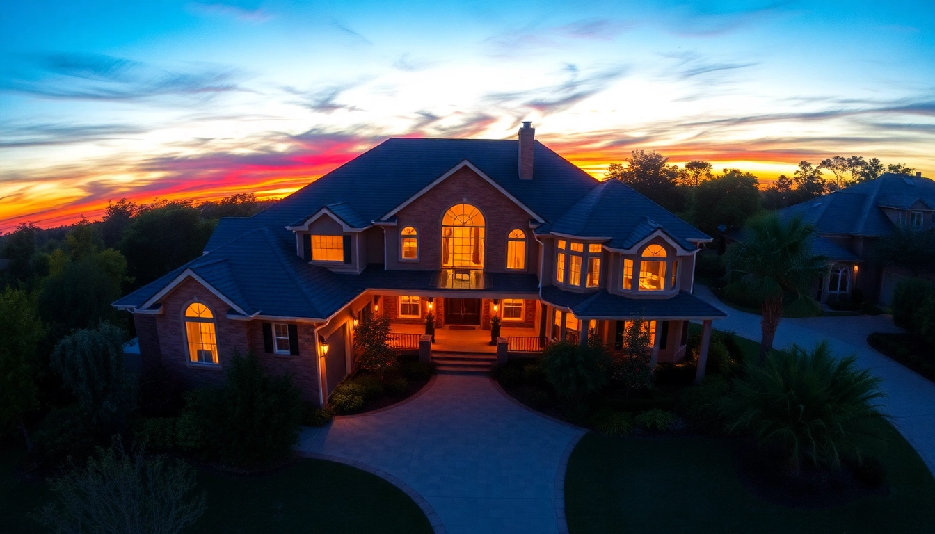 Showcase the best drone for real estate photography capturing a luxurious home from above during sunset.