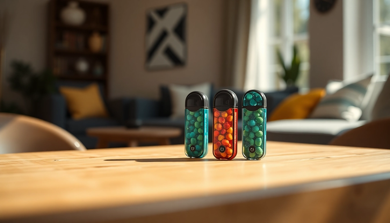 Experience refreshingly flavored Hqd Pods displayed in a colorful arrangement on a wooden surface, inviting exploration.