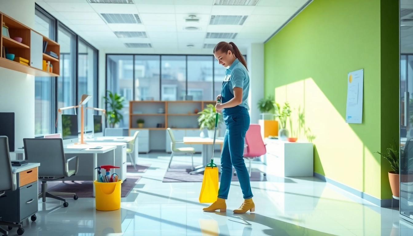 Professional cleaner demonstrating Jacksonville commercial cleaning services in a bright office environment.