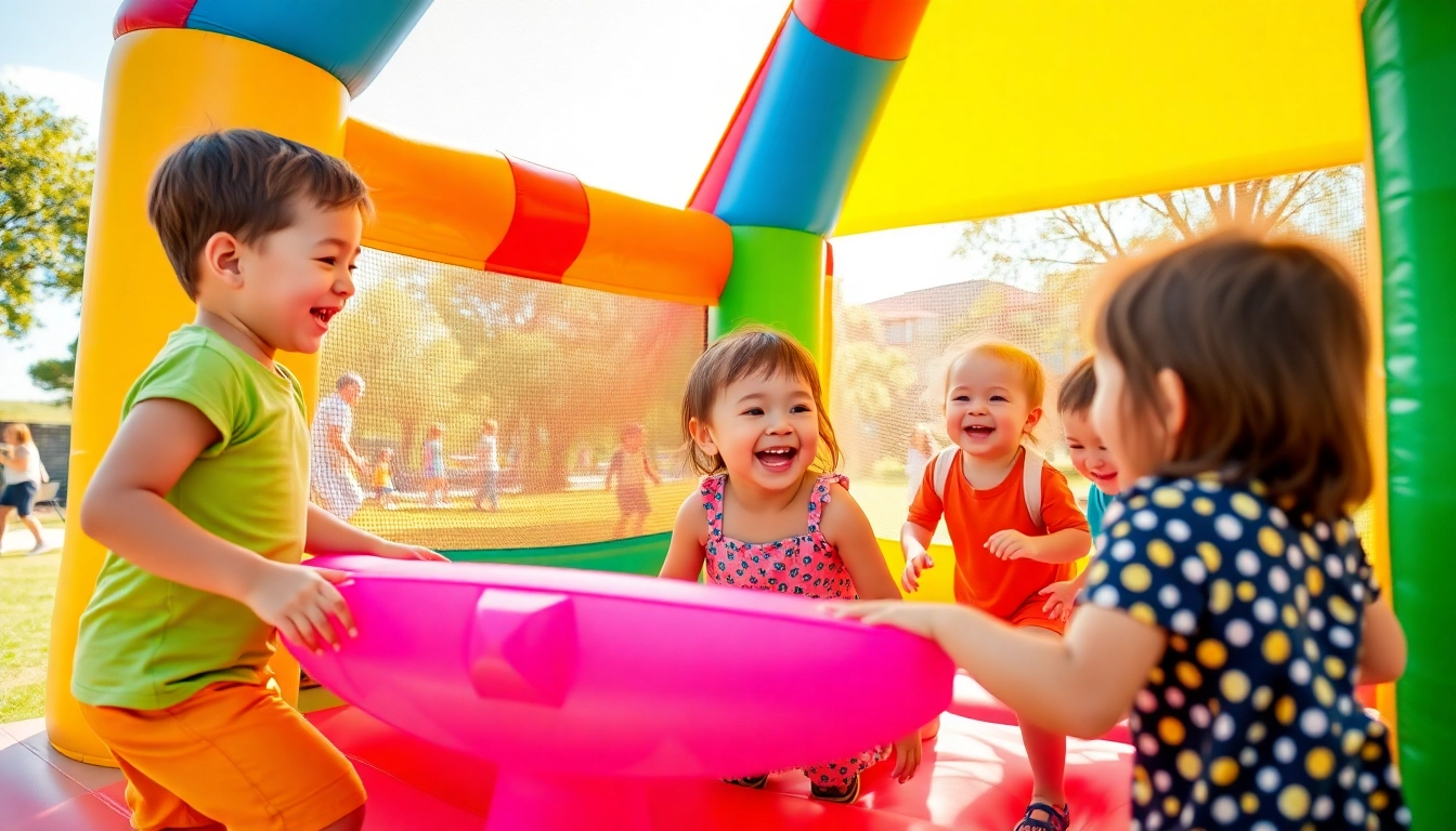 Kids jumping in a bouncy house near me, enjoying vibrant colors and a fun atmosphere.