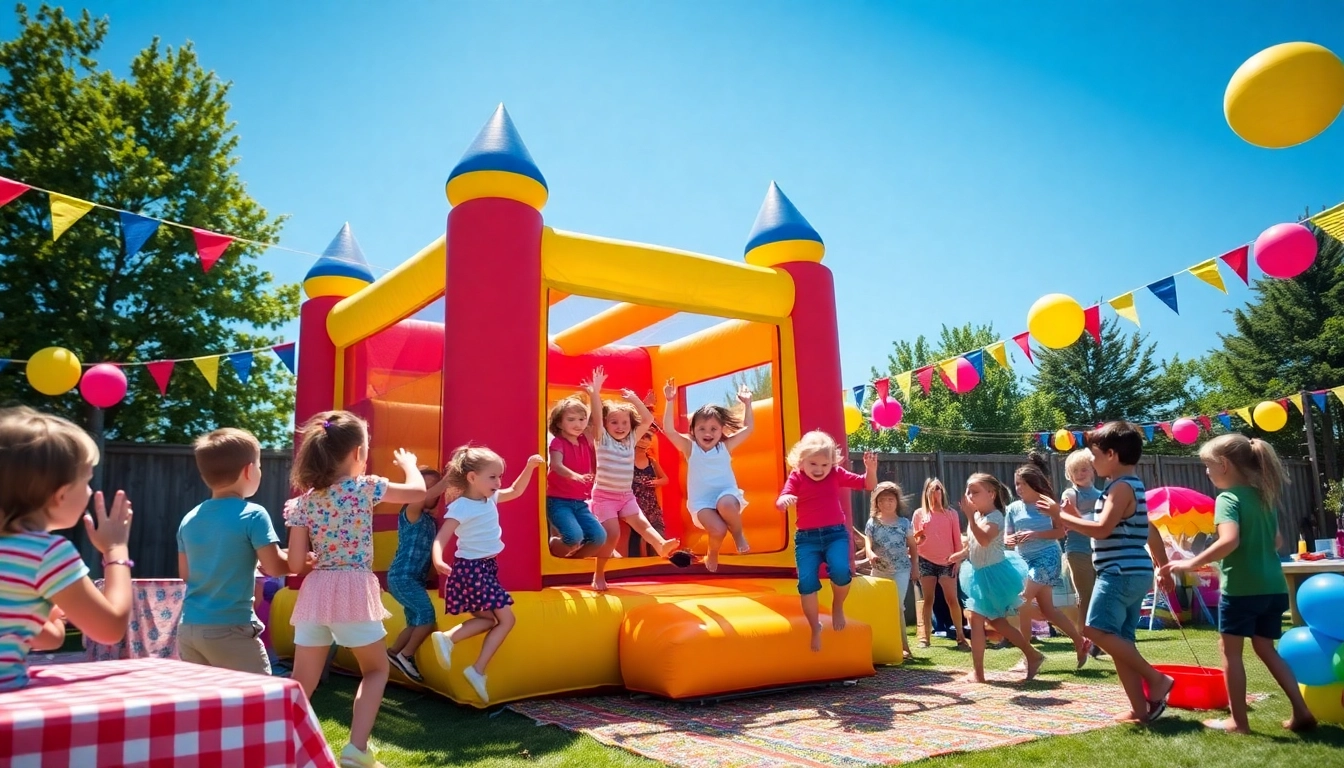 Catch the excitement of a bounce house rental near me with kids joyfully bouncing under the sun.