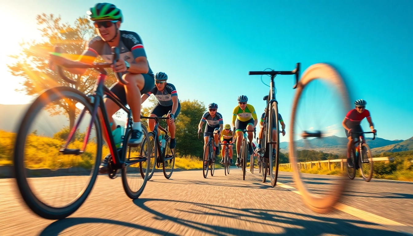 Cycling group riding through a sunlit landscape, showcasing teamwork and speed.