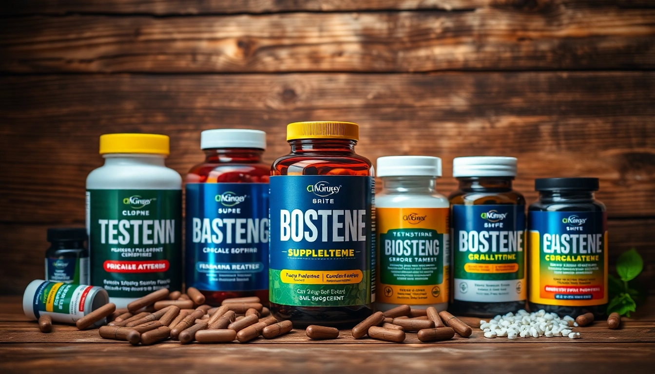 Showcase testosterone booster supplements arranged artfully, highlighting their natural ingredients and health benefits.