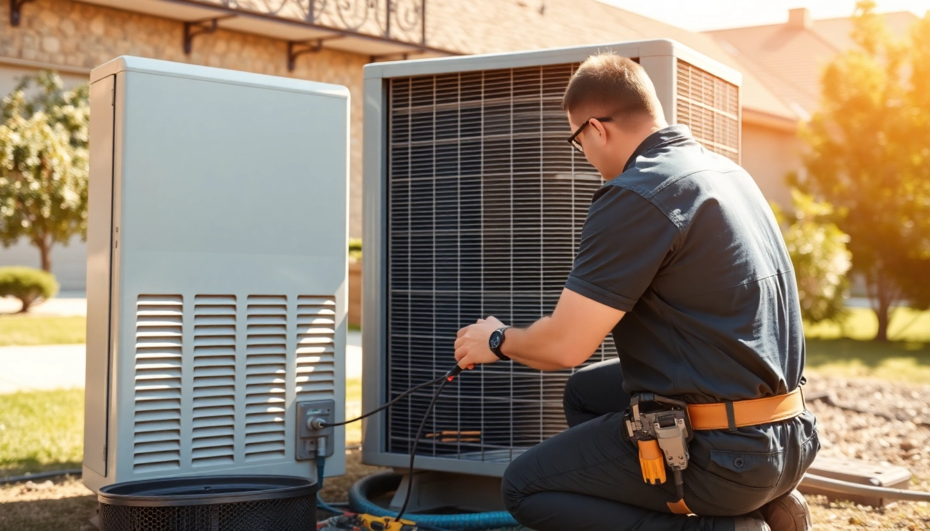 Technician performing air conditioning repair Fort Worth Texas on an outdoor unit surrounded by tools.