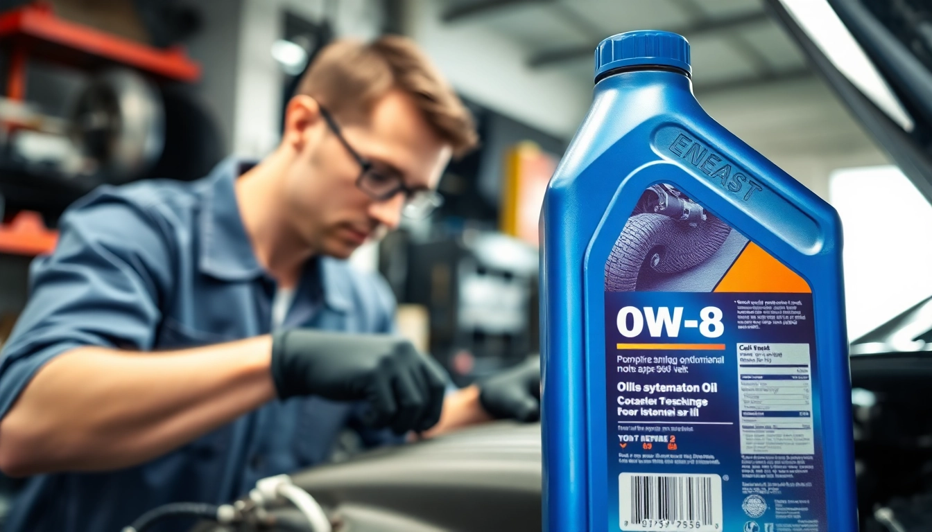 Applying 0w-8 oil in a professional setting, highlighting engine maintenance and care.