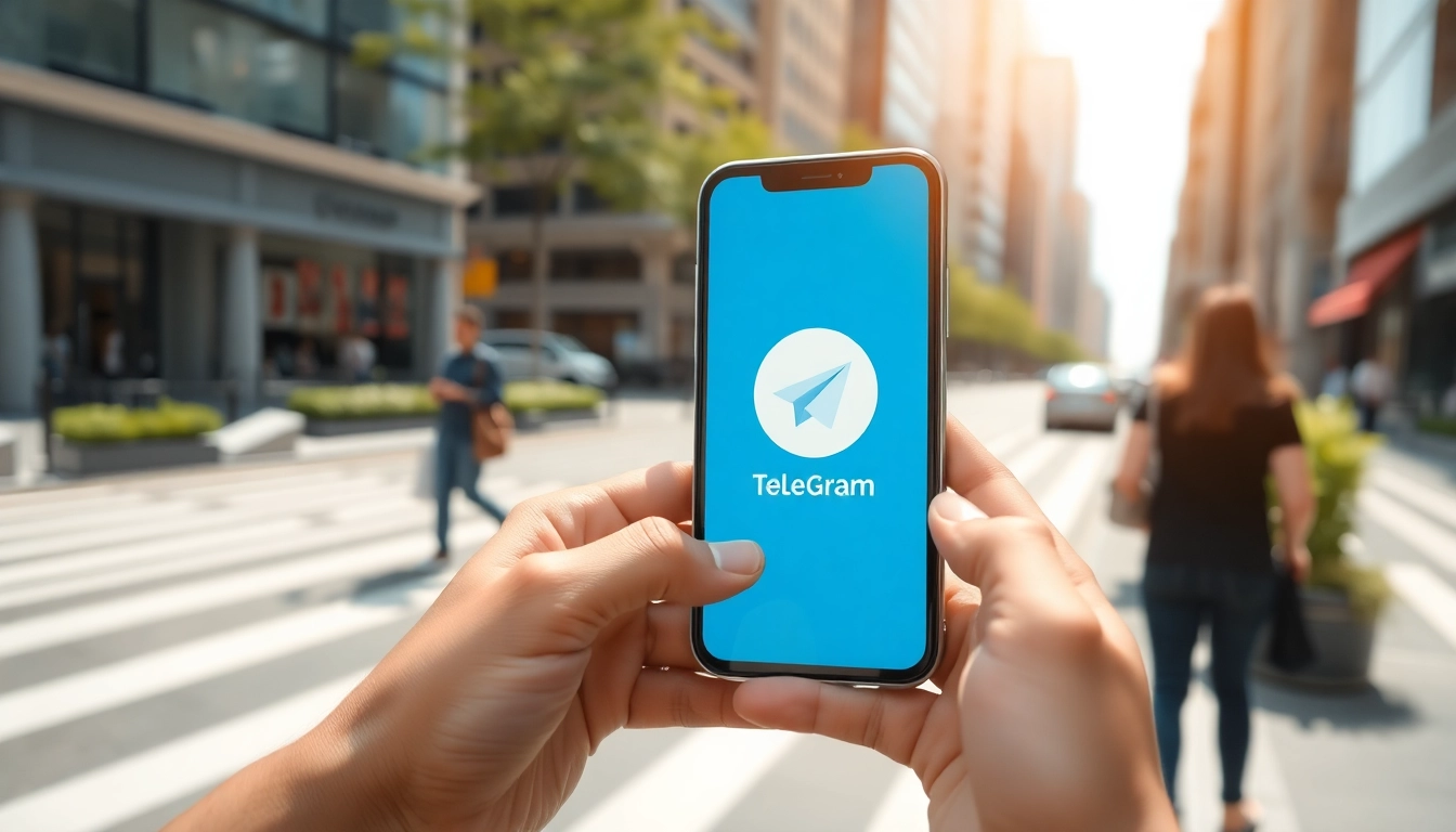 Engaging image of a smartphone showing the 电报官网 interface against a vibrant city backdrop.