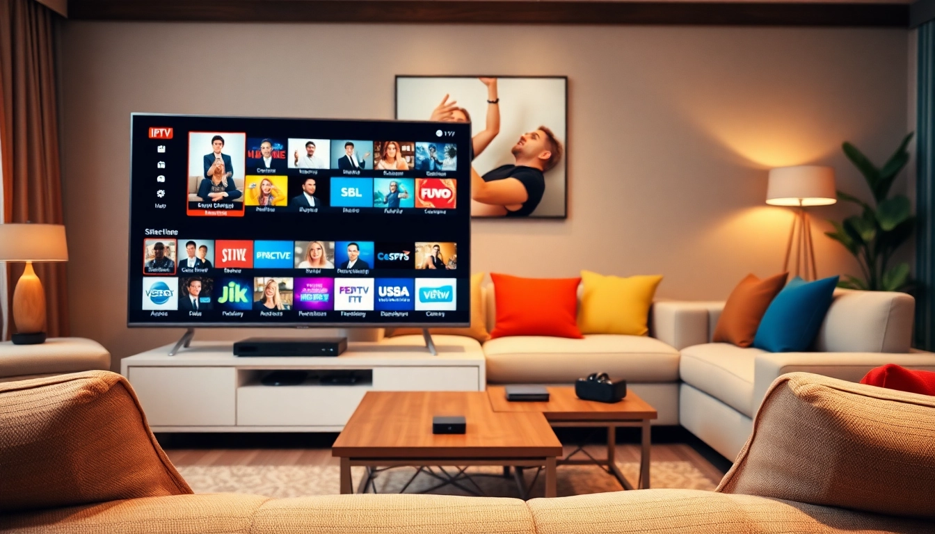 Explore top IPTV services with a modern living room setup featuring a vibrant TV display.