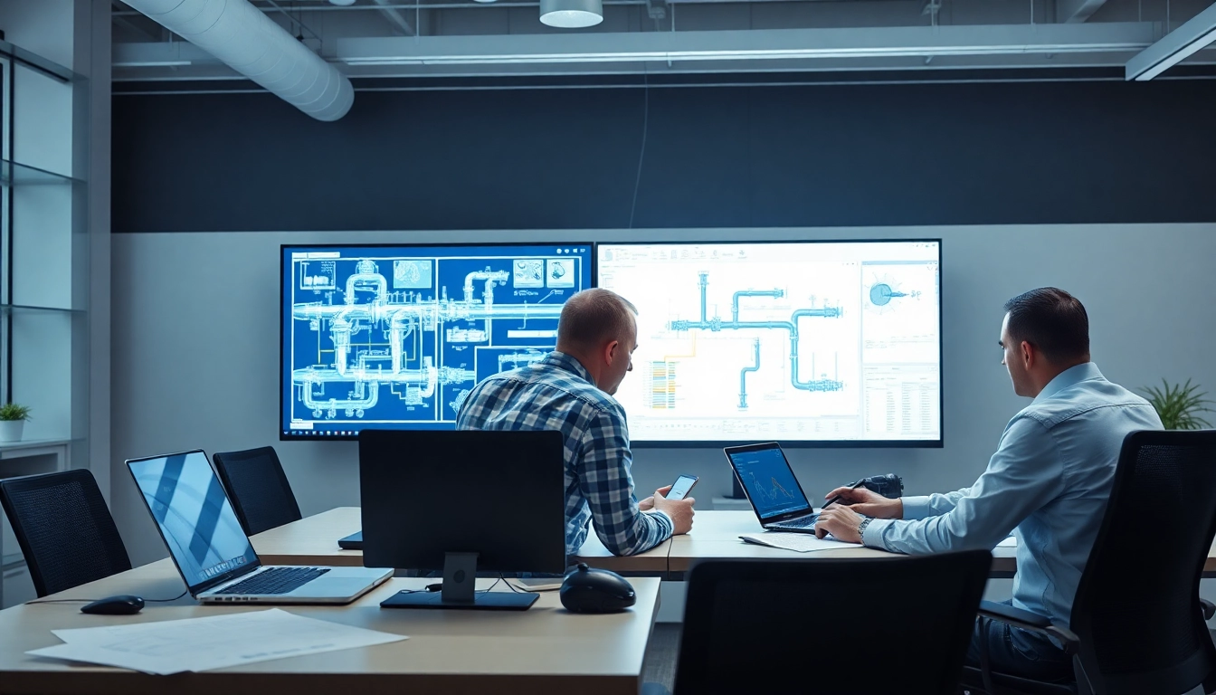 Engineers collaborating on designs at a pipe stress analysis company, showcasing expertise and professionalism.