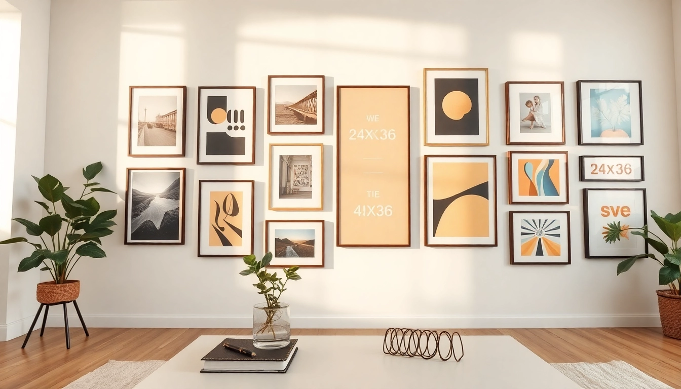 Elegant 24x36 frames on display showcasing diverse artworks in a cozy gallery setting.