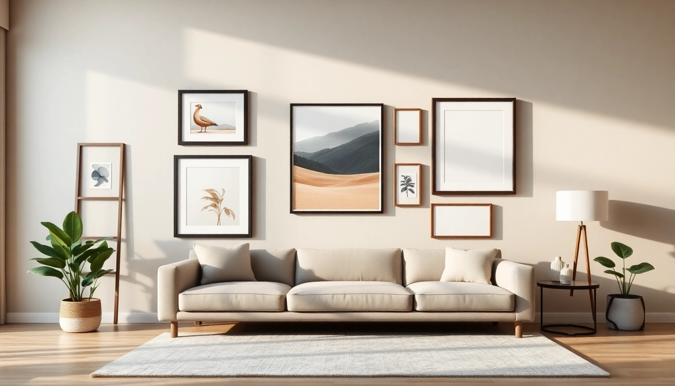 Showcasing modern design picture frames in a stylish living room, emphasizing their sleek aesthetics.