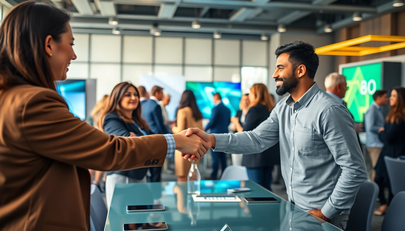 Networking professionals shake hands at a vibrant event showcasing modern technology.