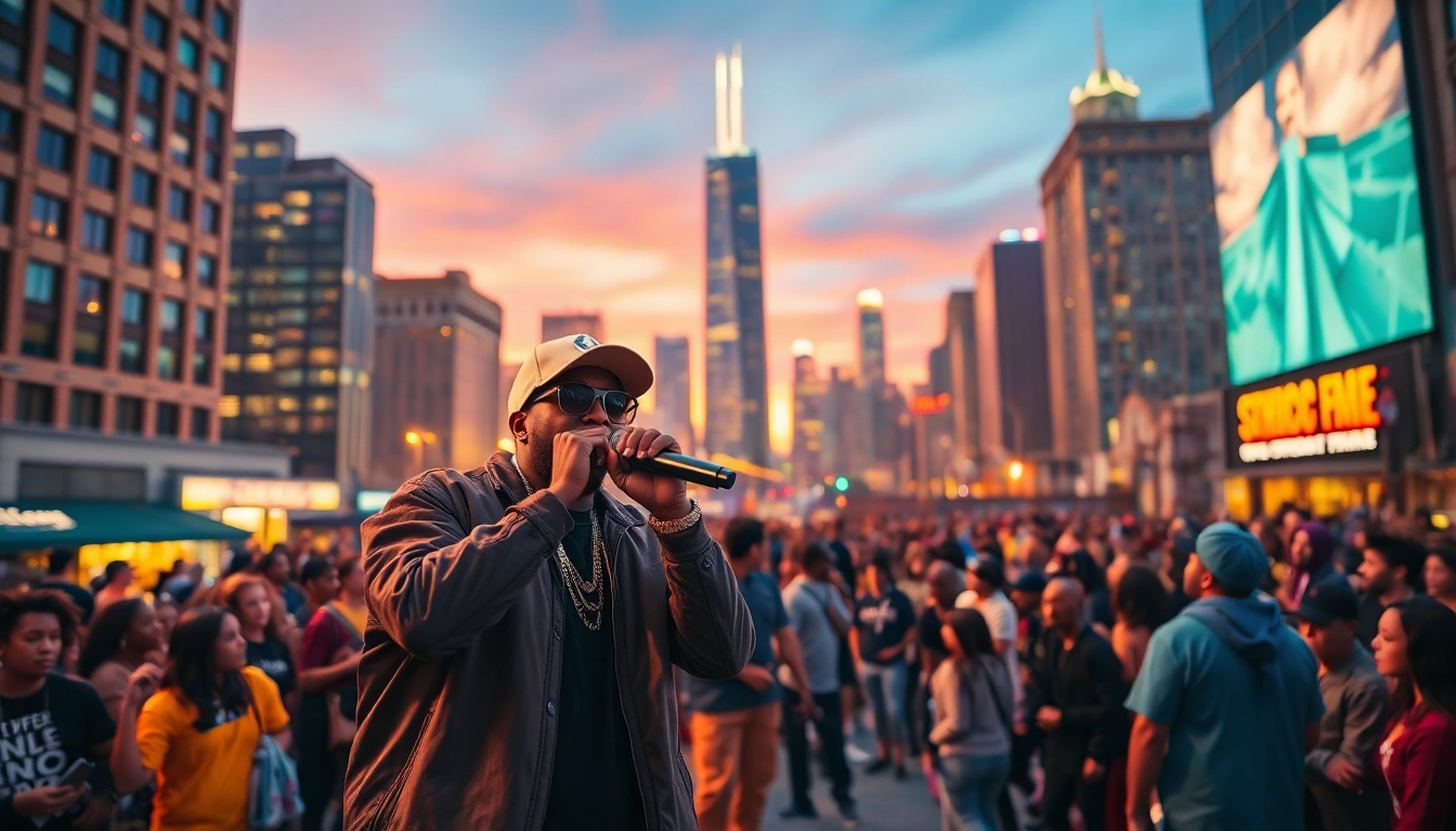Engaging performance by Chicago hip-hop artists in a vibrant urban setting