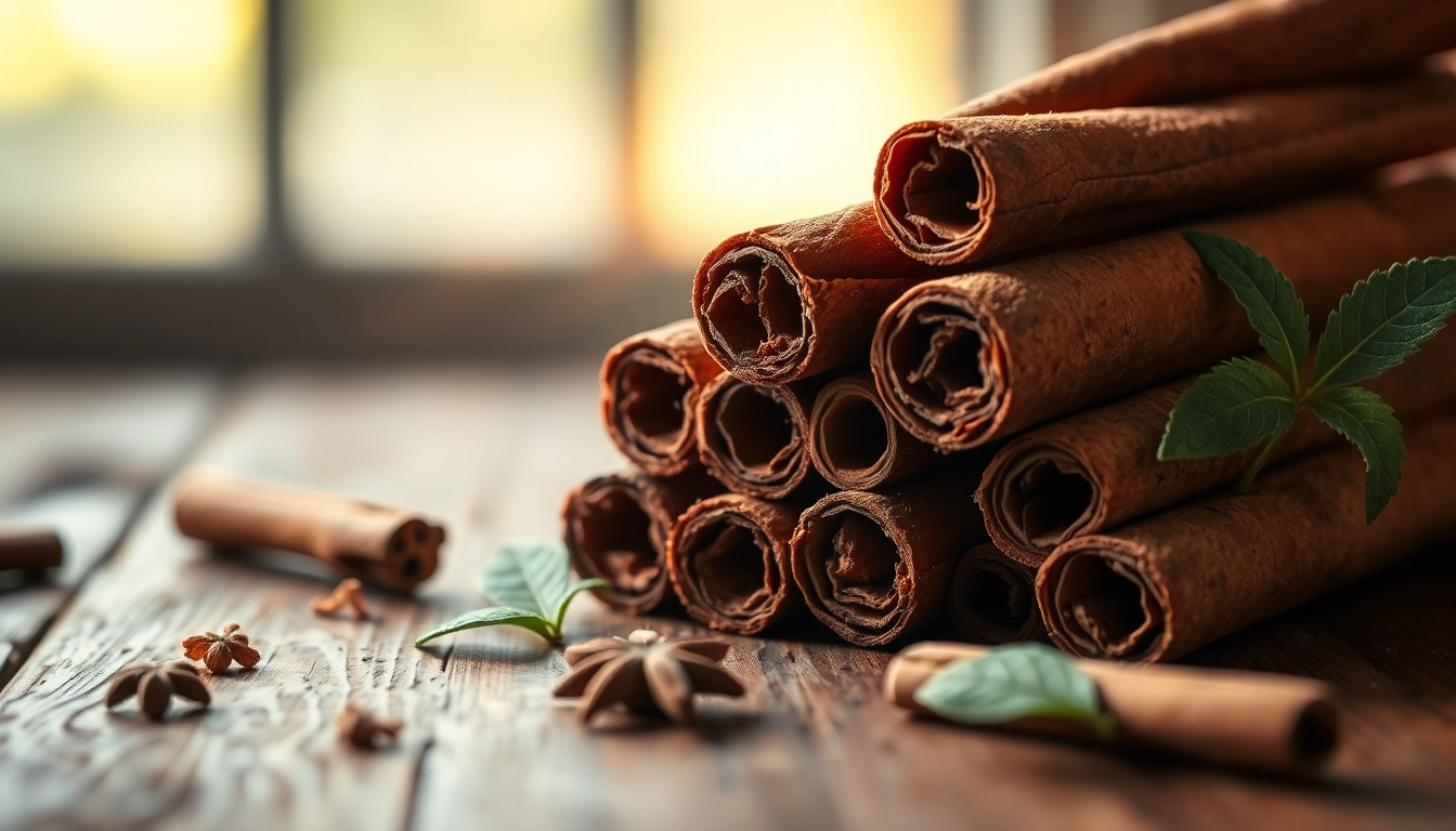 Cinnamon Bark displayed elegantly with textured sticks on a rustic wooden table.