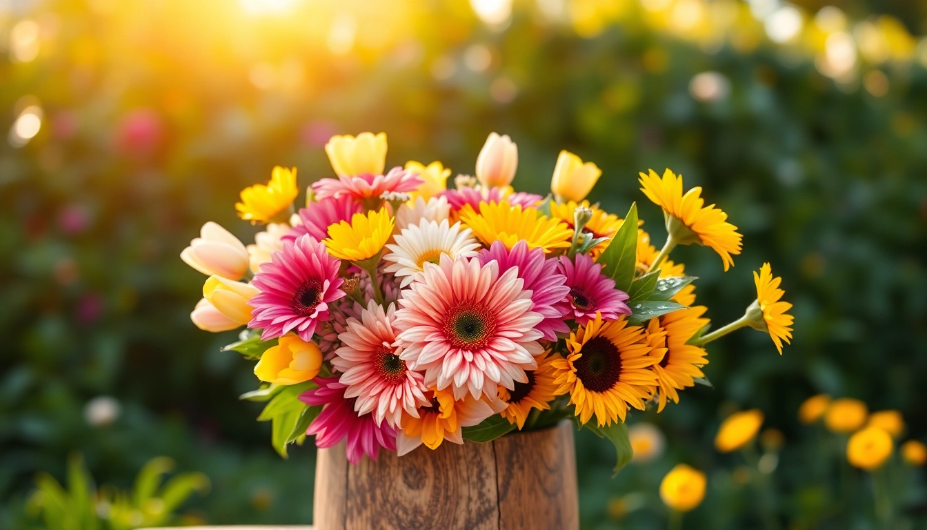 Brightly arranged Fountain Valley flowers creating a cheerful atmosphere in a rustic setting.