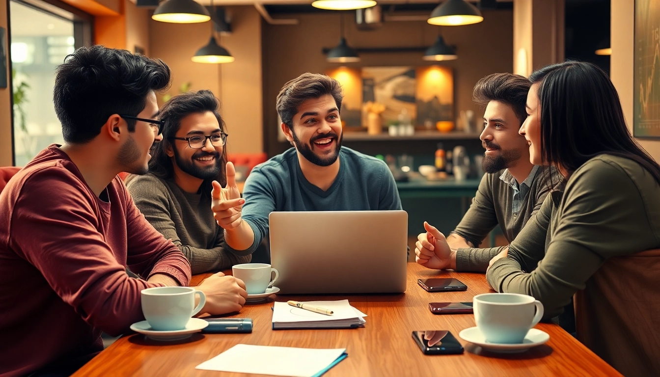 4chan crypto bros discussing cryptocurrency trends over coffee in a modern café setting.