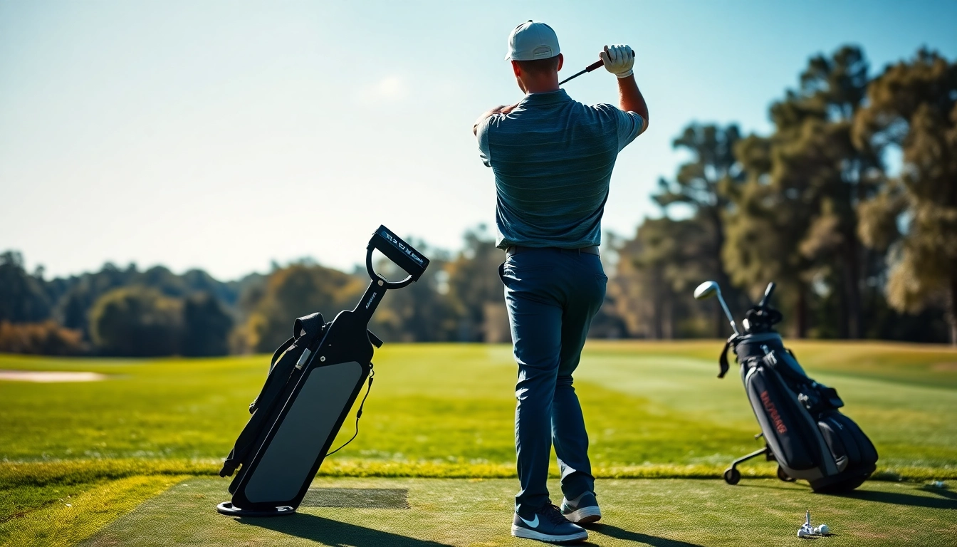 Enhance your golf swing with a professional golfer using a golf swing training aid on the driving range.