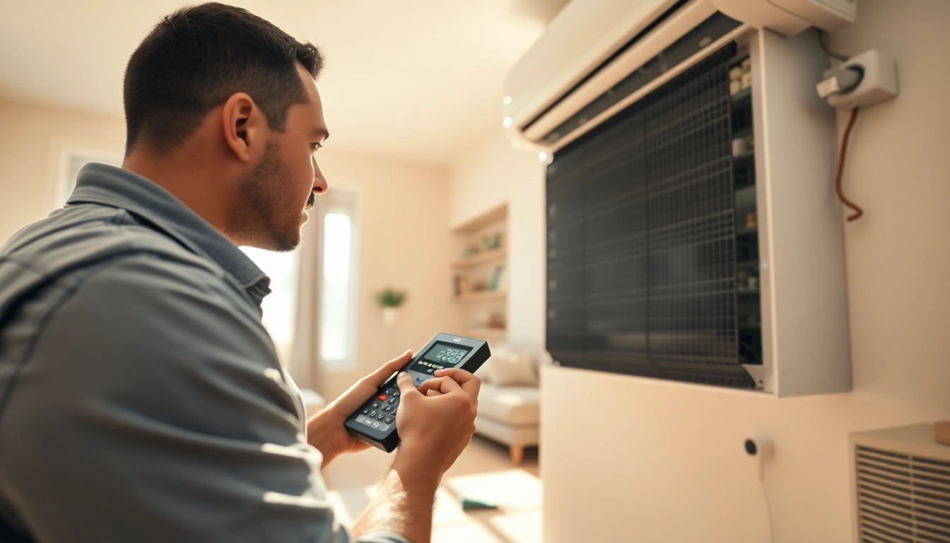 HVAC services Los Angeles technician servicing an air conditioning unit in a bright, cozy home.