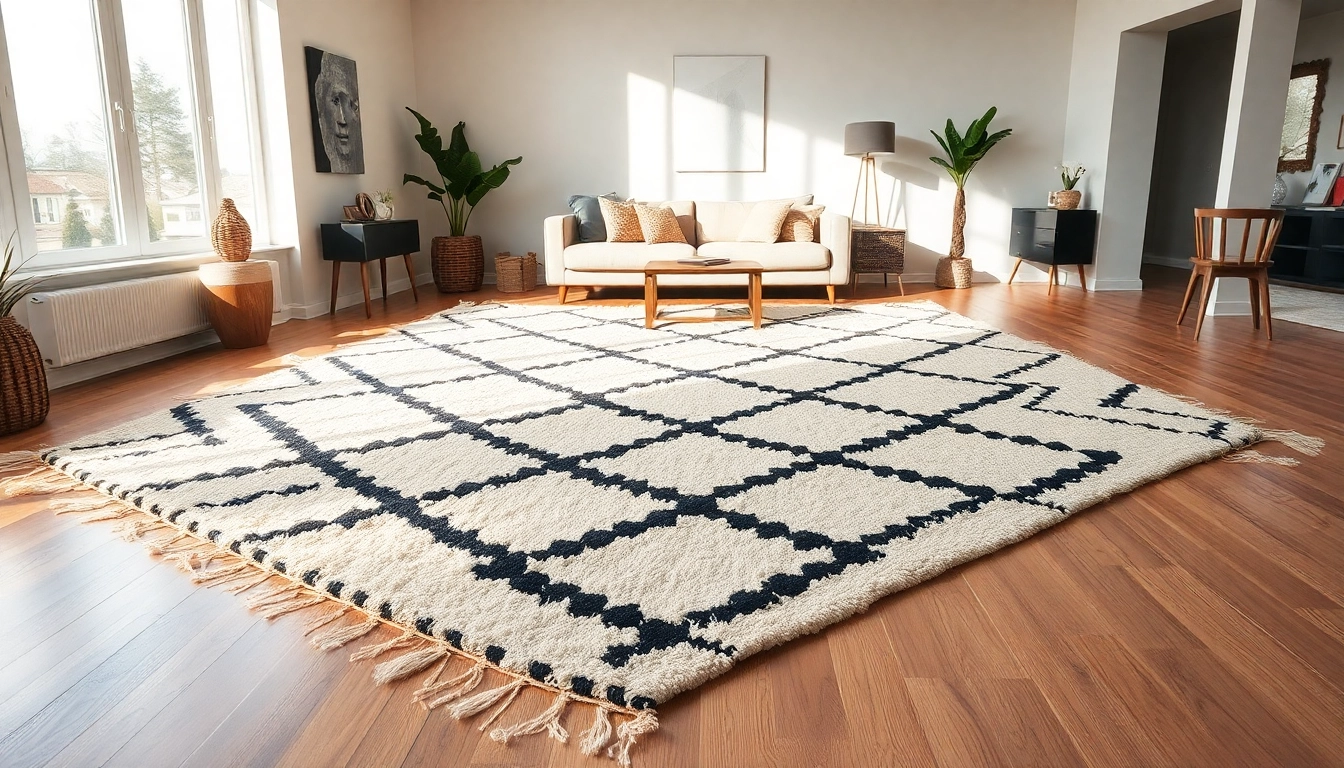 Showcasing Beni Ourain rugs in a modern living room, highlighting their intricate patterns and warm atmosphere.