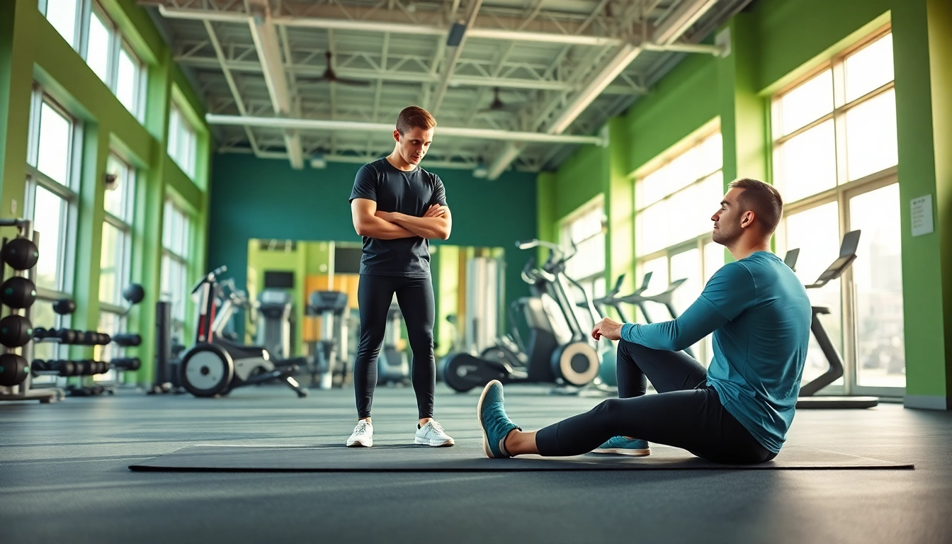 Engaging gym Training Consultation with a fitness consultant and client demonstrating exercises.