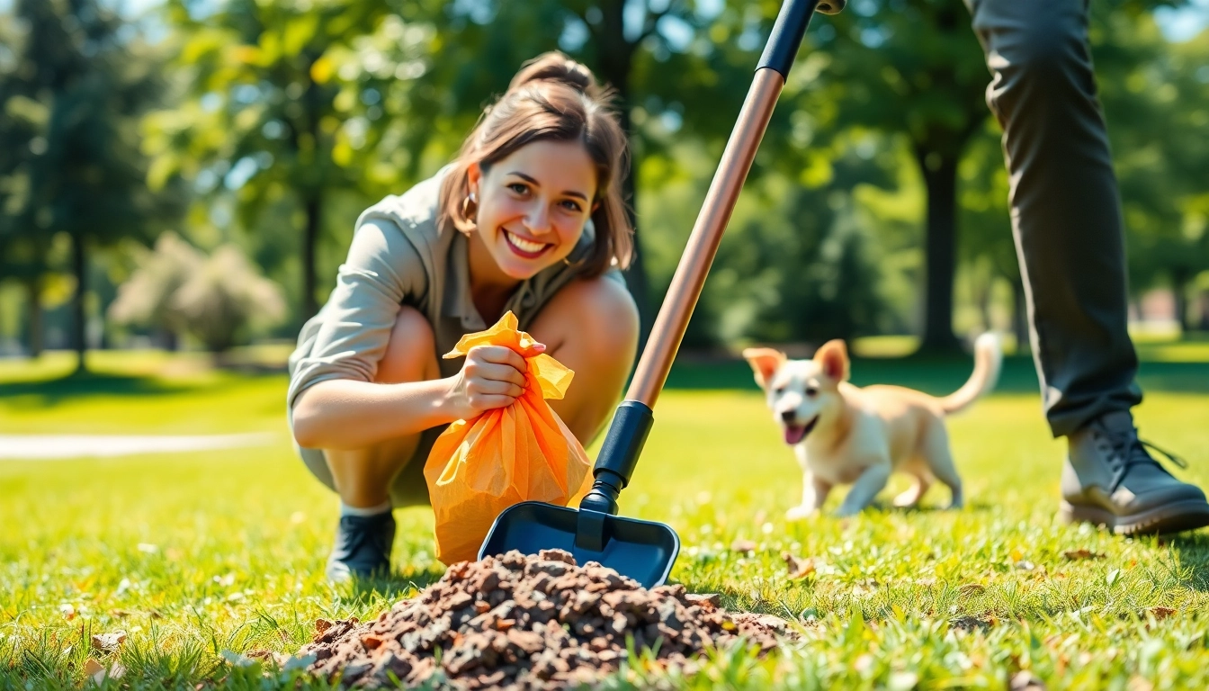 Using a colorful bag to clean up dog poop in a sunny park, promoting responsible pet ownership.