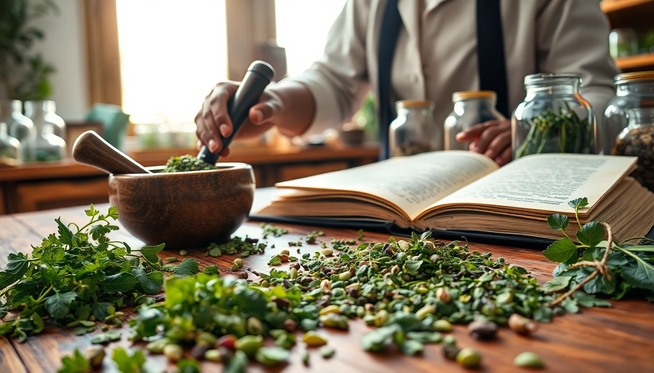 Prepare louban dakar with vibrant herbs in an apothecary setting.