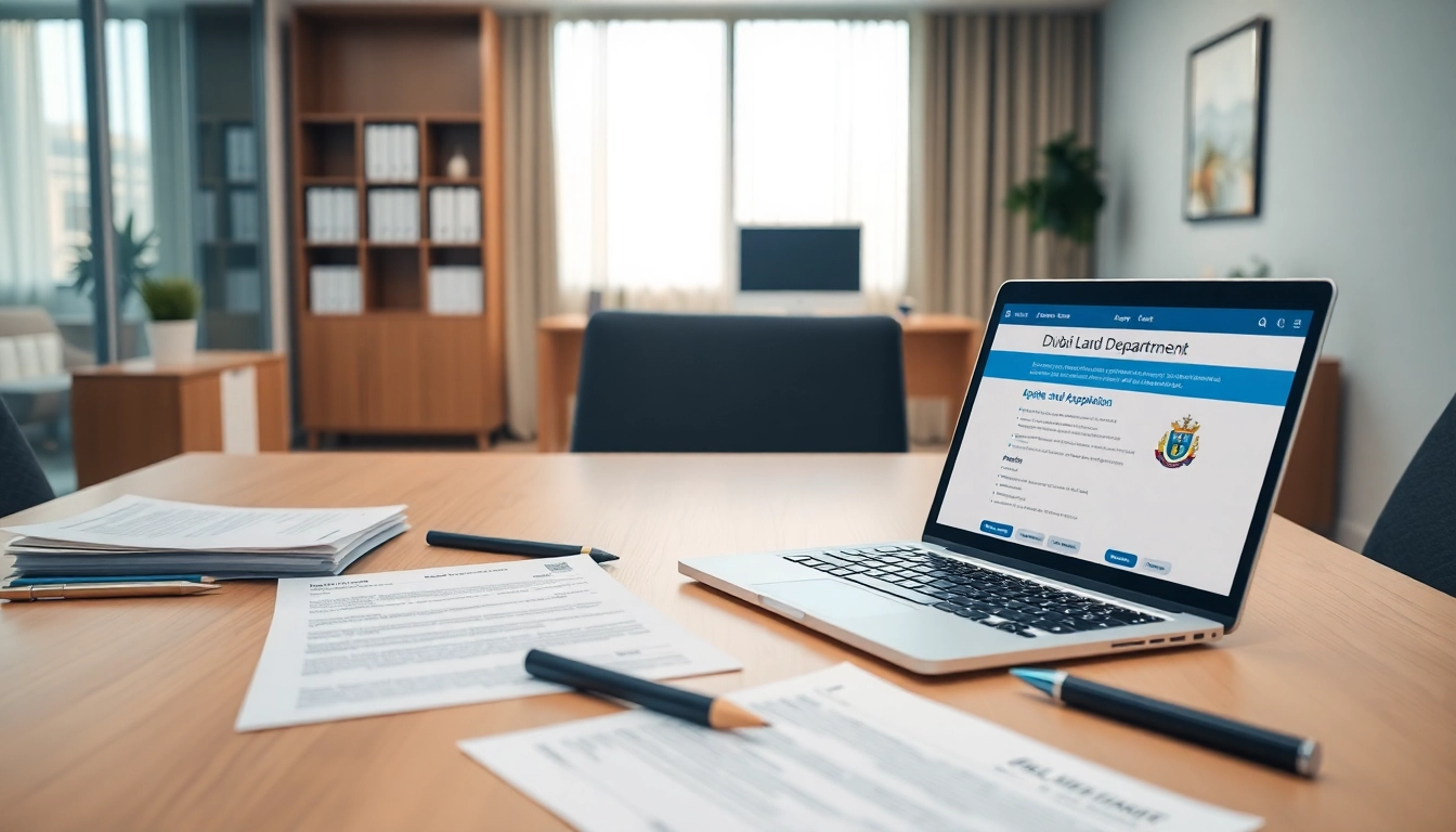 Process of ejari cancellation in a professional real estate office setting with paperwork and a laptop.