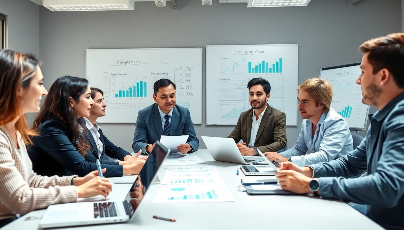 Analyze competitive pricing analysis with professionals collaborating in a dynamic office environment.