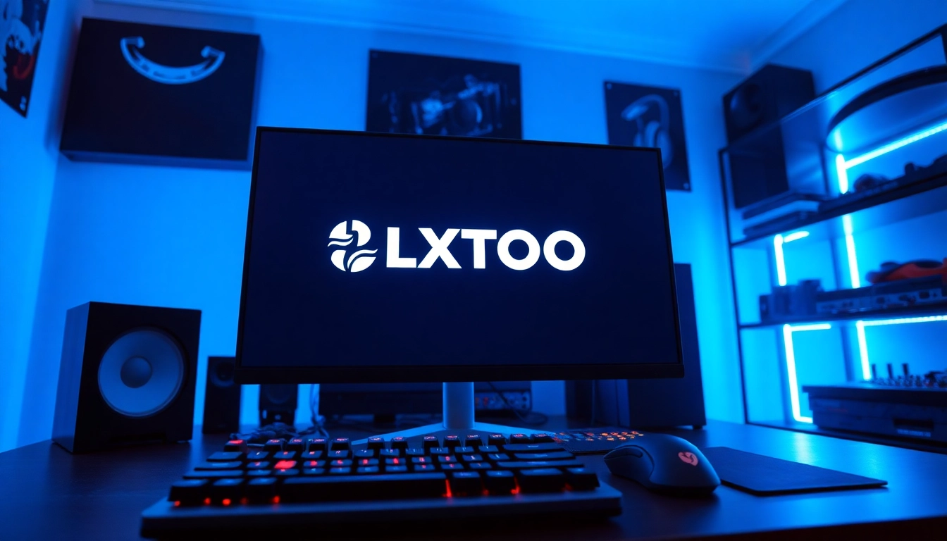 Menggambarkan LXTOTO pada setup gaming dengan keyboard dan mouse stylish.