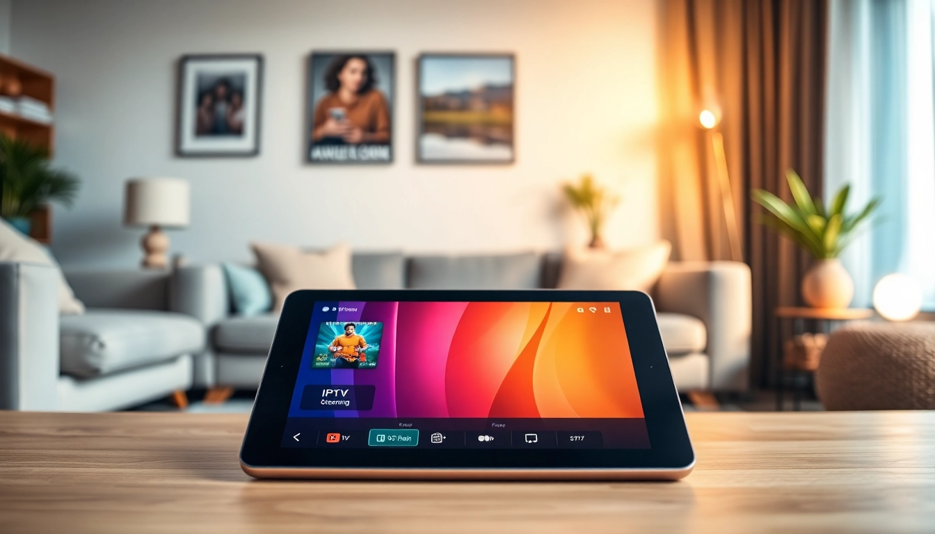 Engaging IPTV Subscription USA streaming interface on a stylish tablet in a cozy living room.