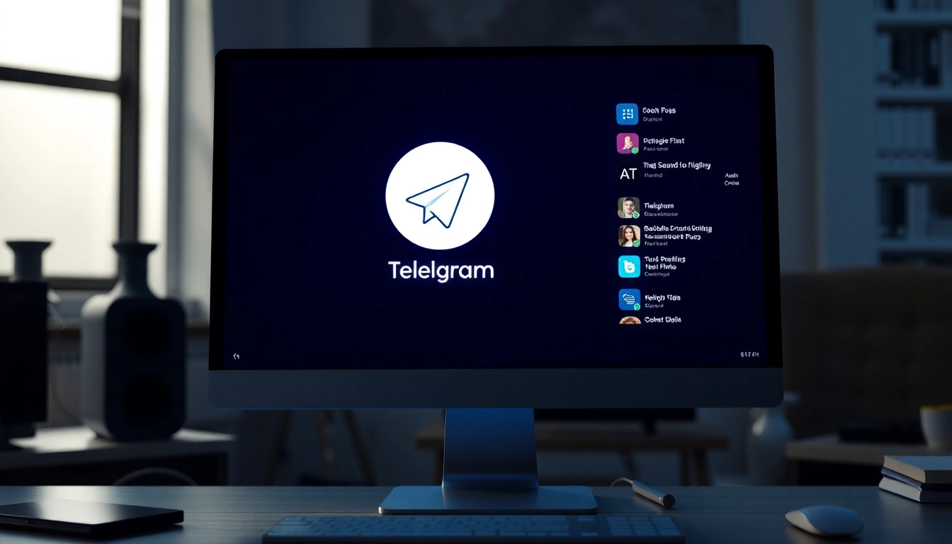 Showcasing the Telegram電腦版 interface on a modern computer screen amidst a stylish workspace.
