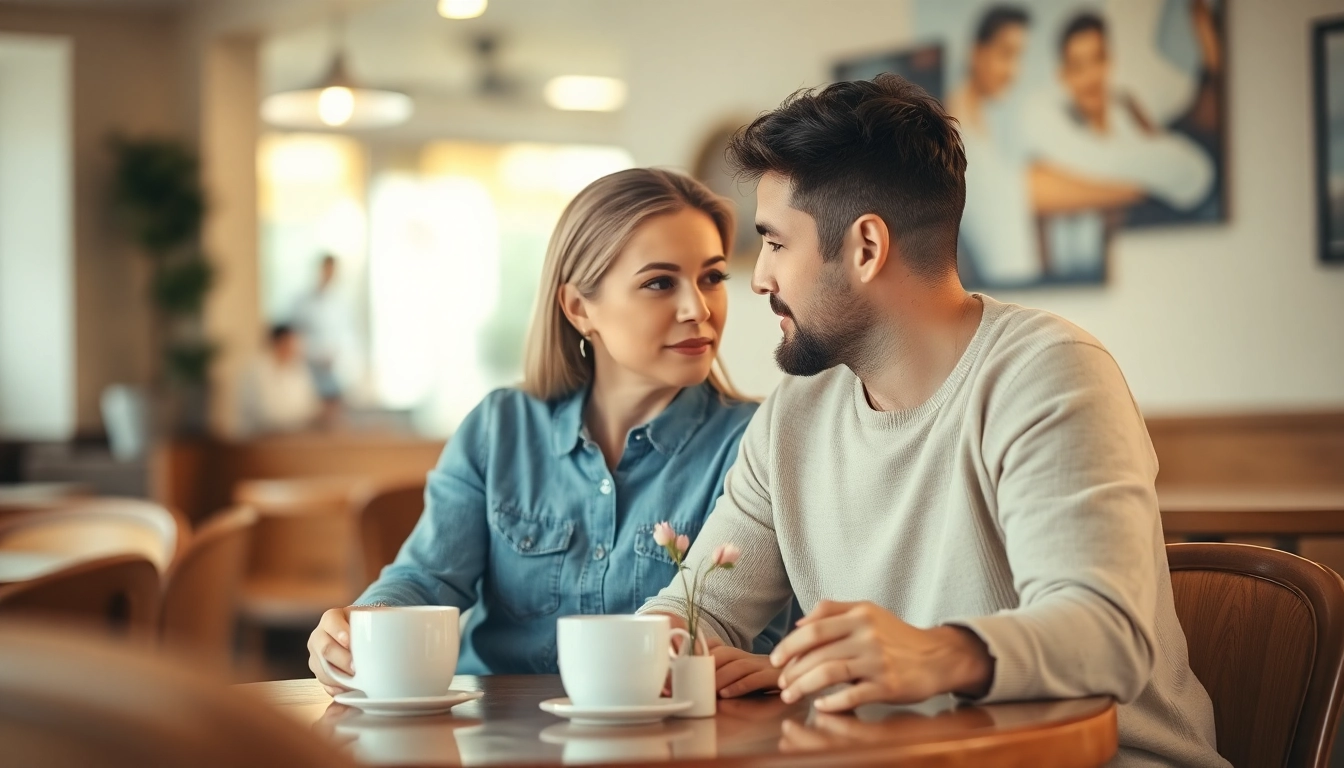 A couple demonstrating effective communication in relationships while seated at a cafe, showcasing connection.