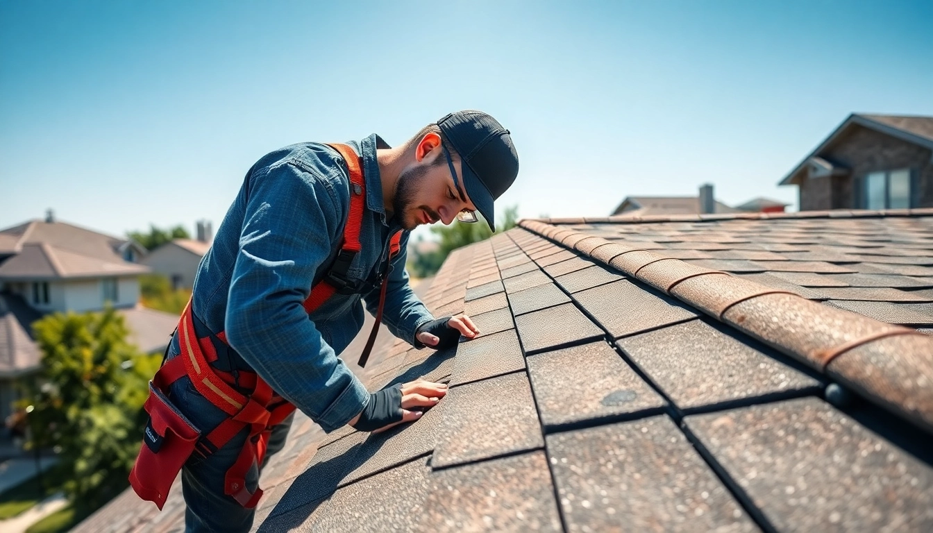 Inspecting roof condition through a roof inspection Austin service with detailed attention to shingles and flashing.