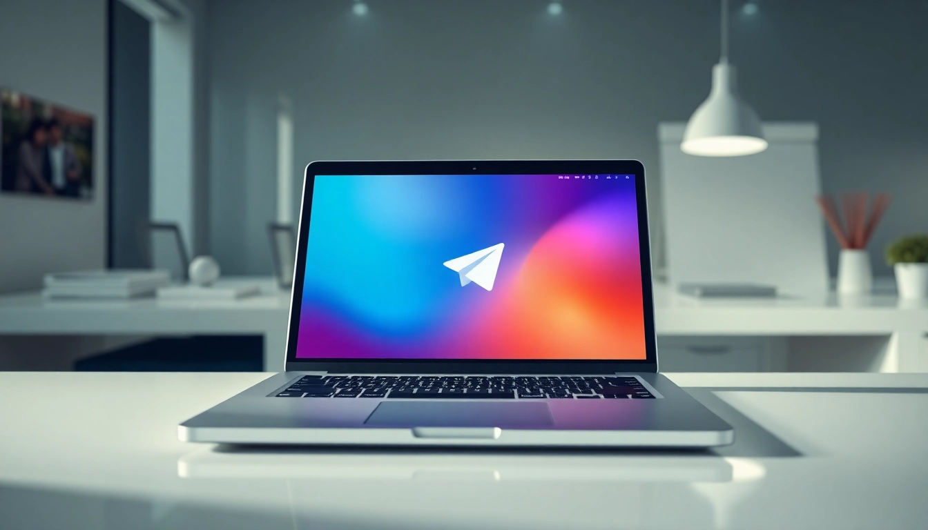 View the Telegram電腦版 interface on a stylish laptop in a contemporary office setting.