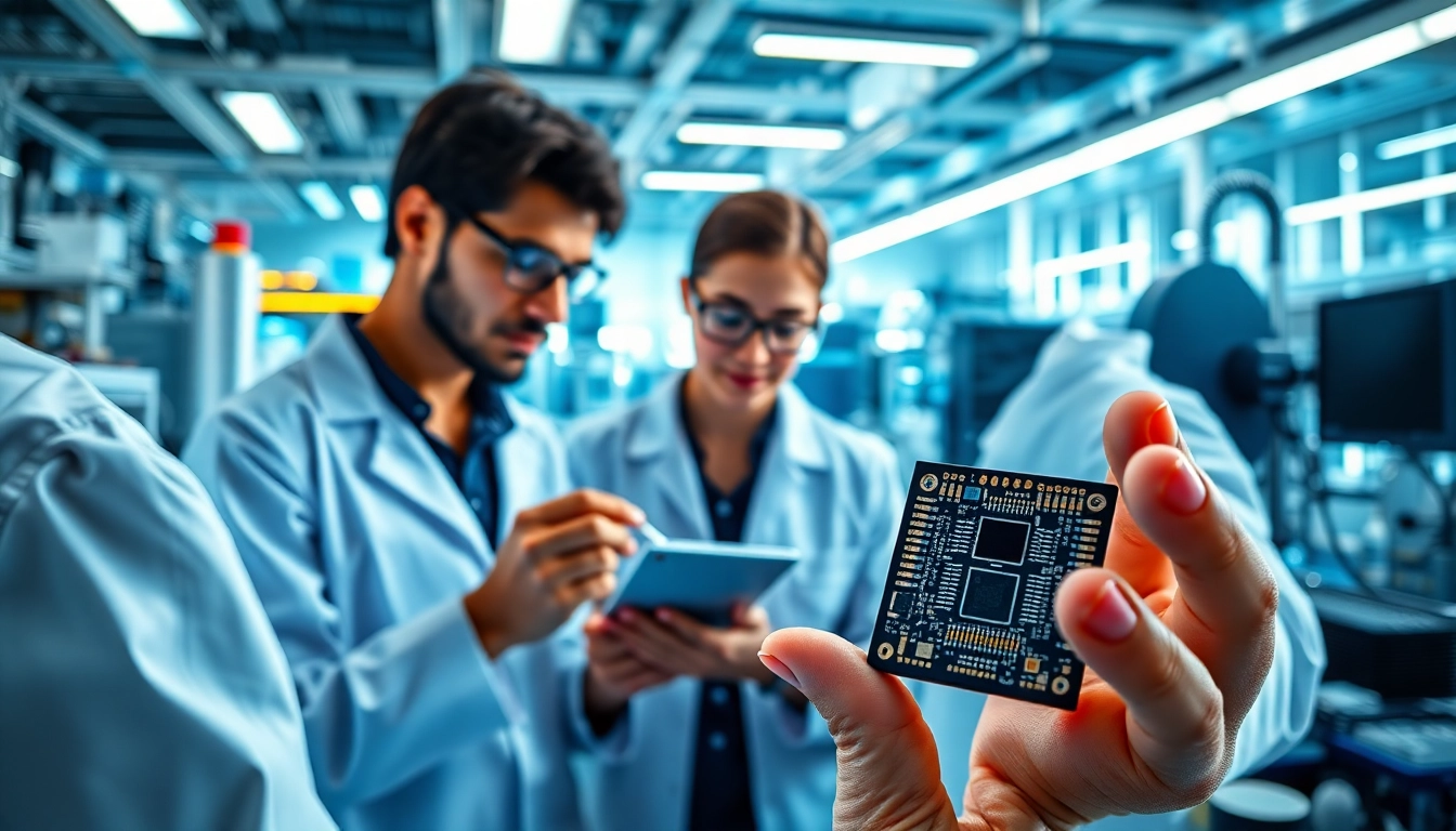 Great advances in technology shown through diverse engineers developing microchips in a high-tech lab.