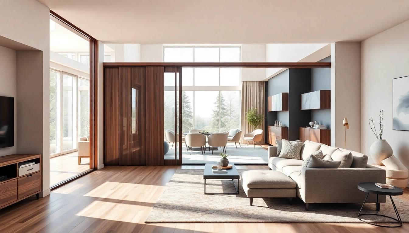 Seamless installation of a sliding partition wall elegantly partitioning a spacious living room.