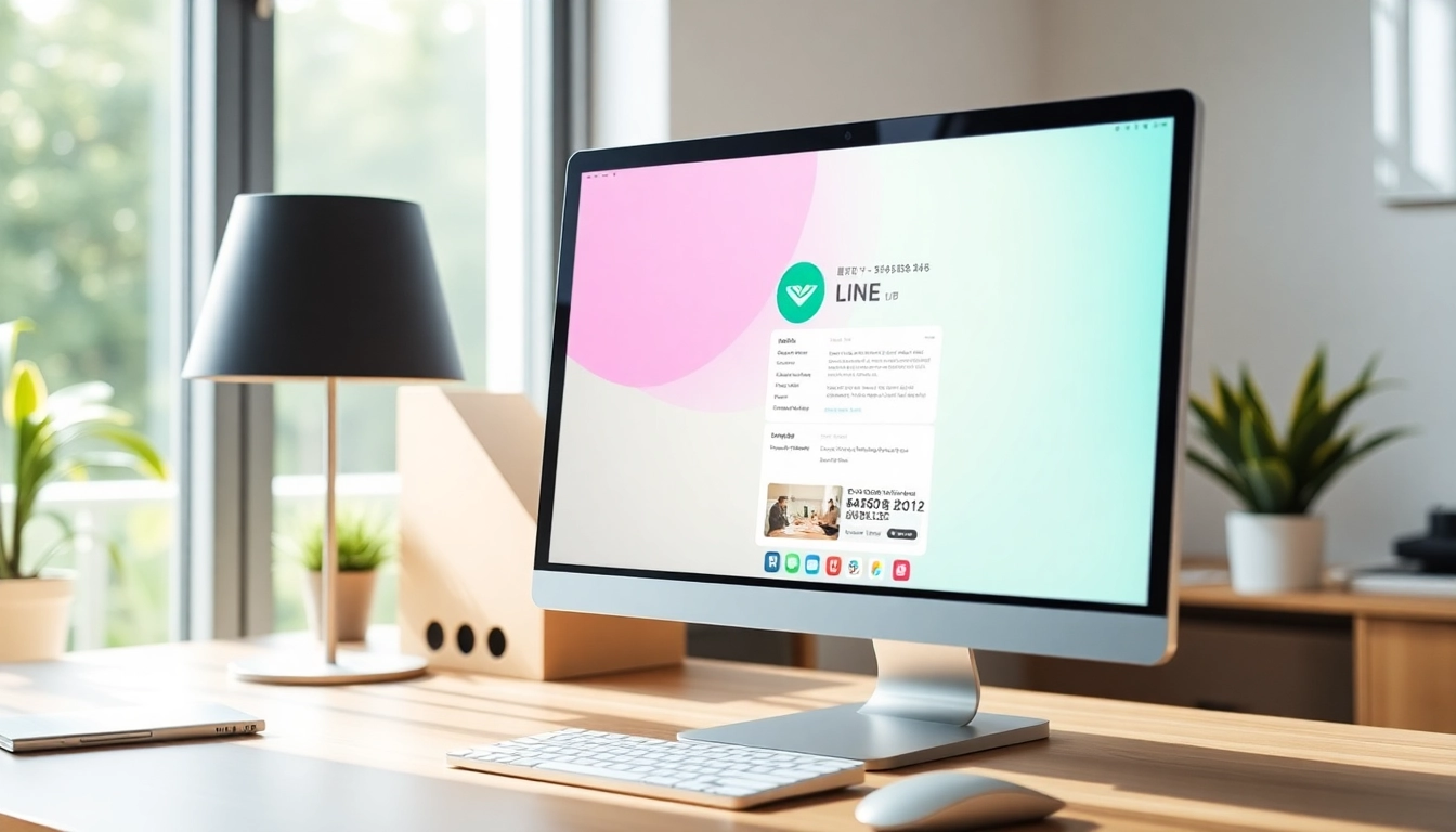 Download 電腦版line下載 on a sleek desktop computer with vibrant workspace elements.