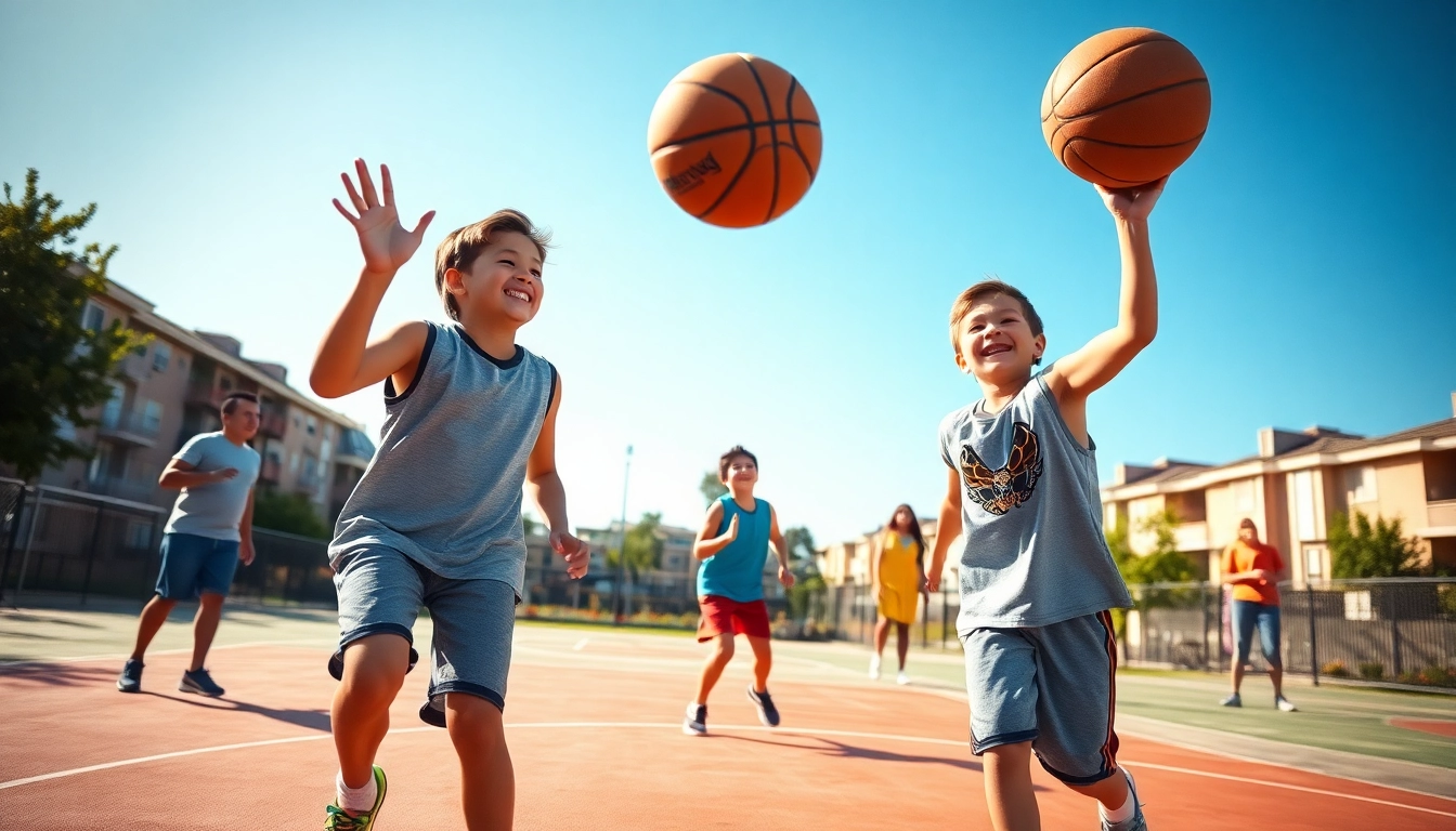 Young basketball enthusiasts playing energetically on an outdoor court, showcasing their skills.