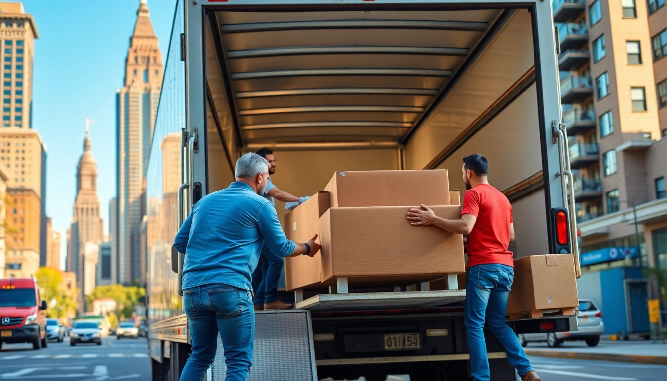 Bronx movers efficiently loading furniture into a truck against a busy urban backdrop.