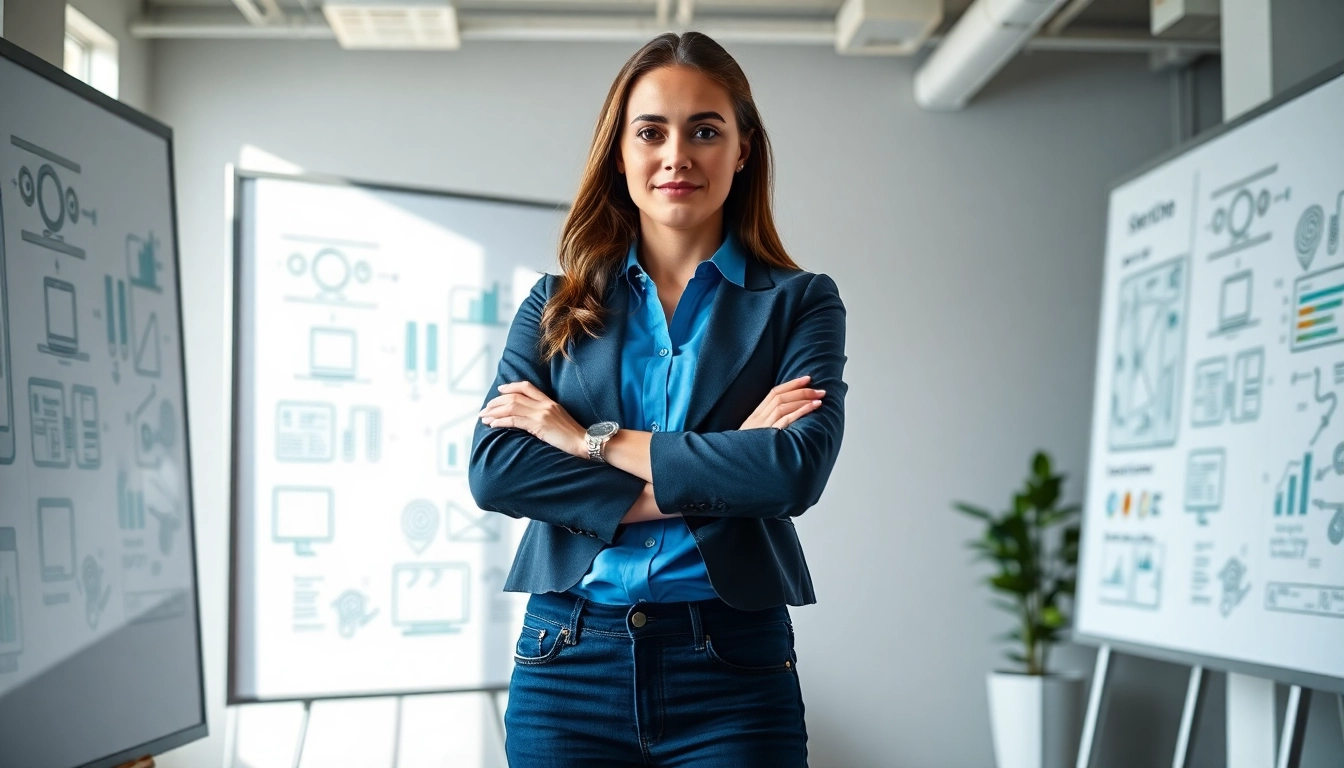 Entrepreneur confidently plans to launch a successful startup in a bright office.