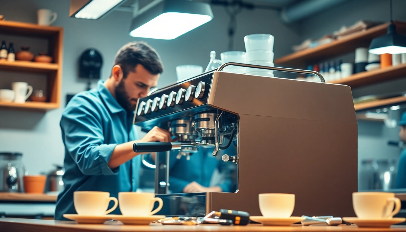 Technician performing Cimbali servisi on an espresso machine, ensuring optimal coffee quality.