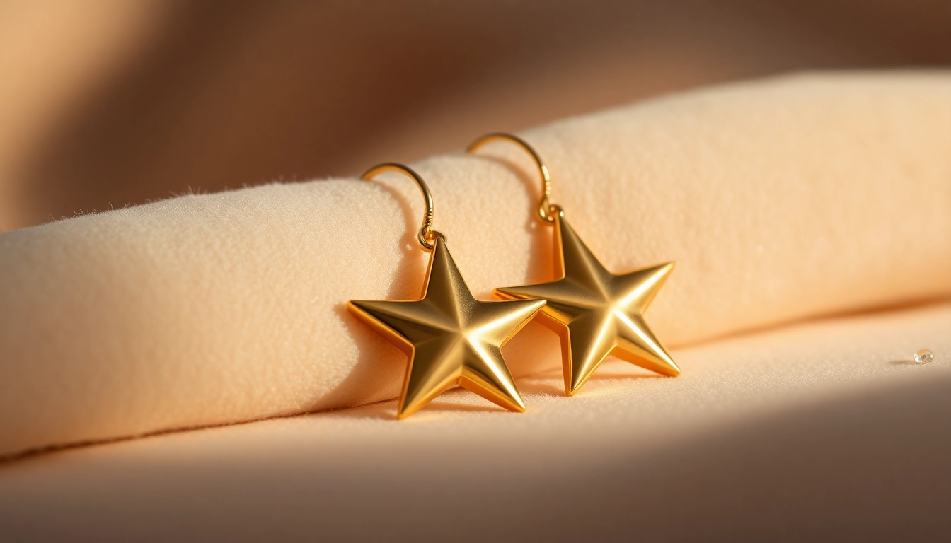 Earrings Gold Stars showcasing a luxurious gold finish, set against a plush background for an elegant display.