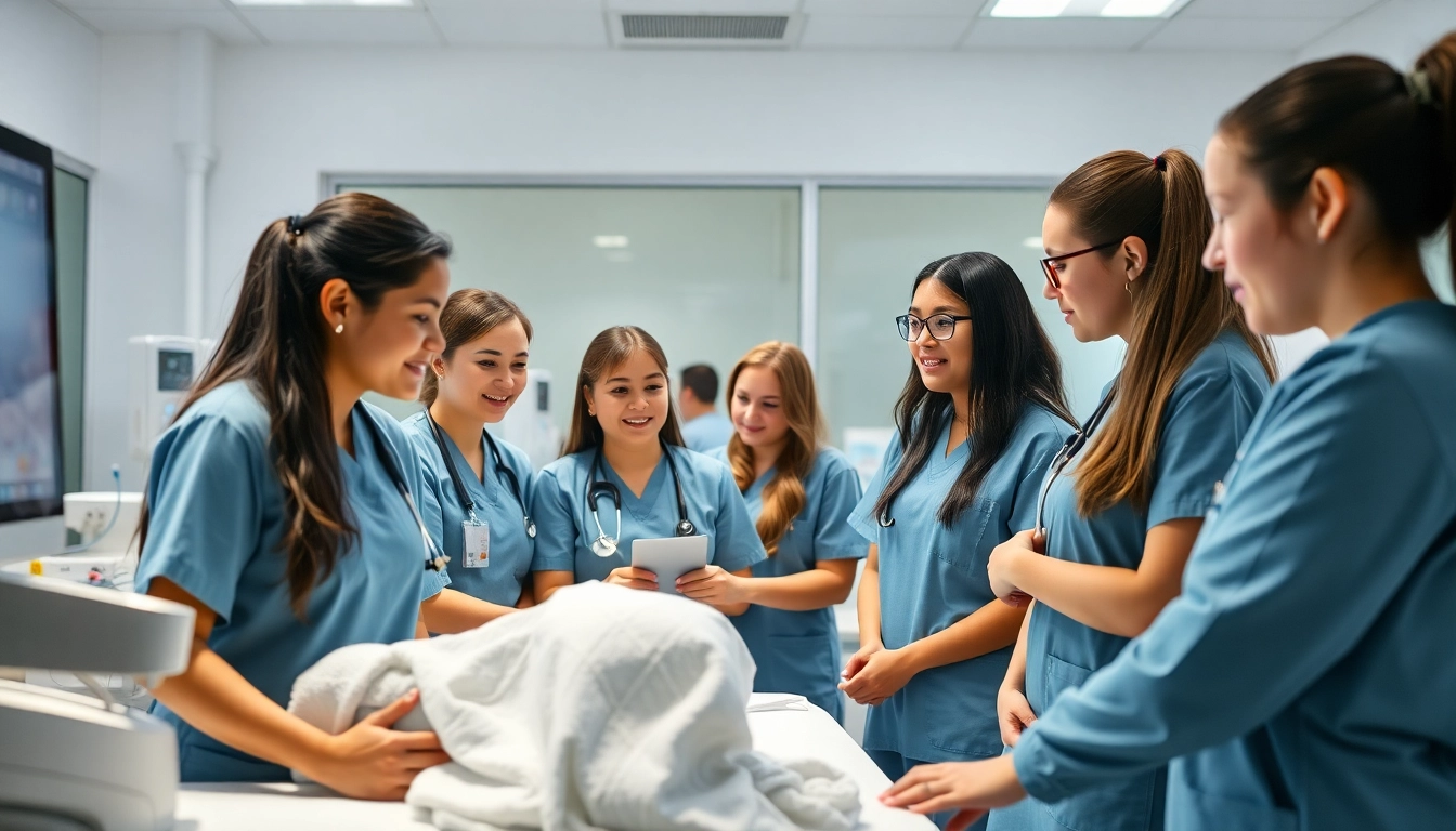 Estudiantes en una sesión práctica del CEU de enfermería, colaborando en cuidados médicos.