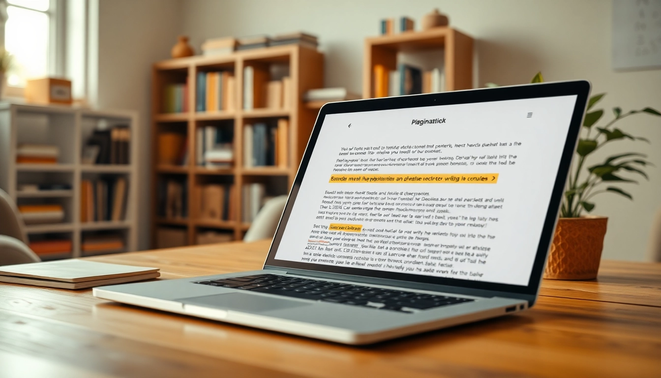 Utilize a plagiarism checker tool displayed on a laptop in a cozy study environment.
