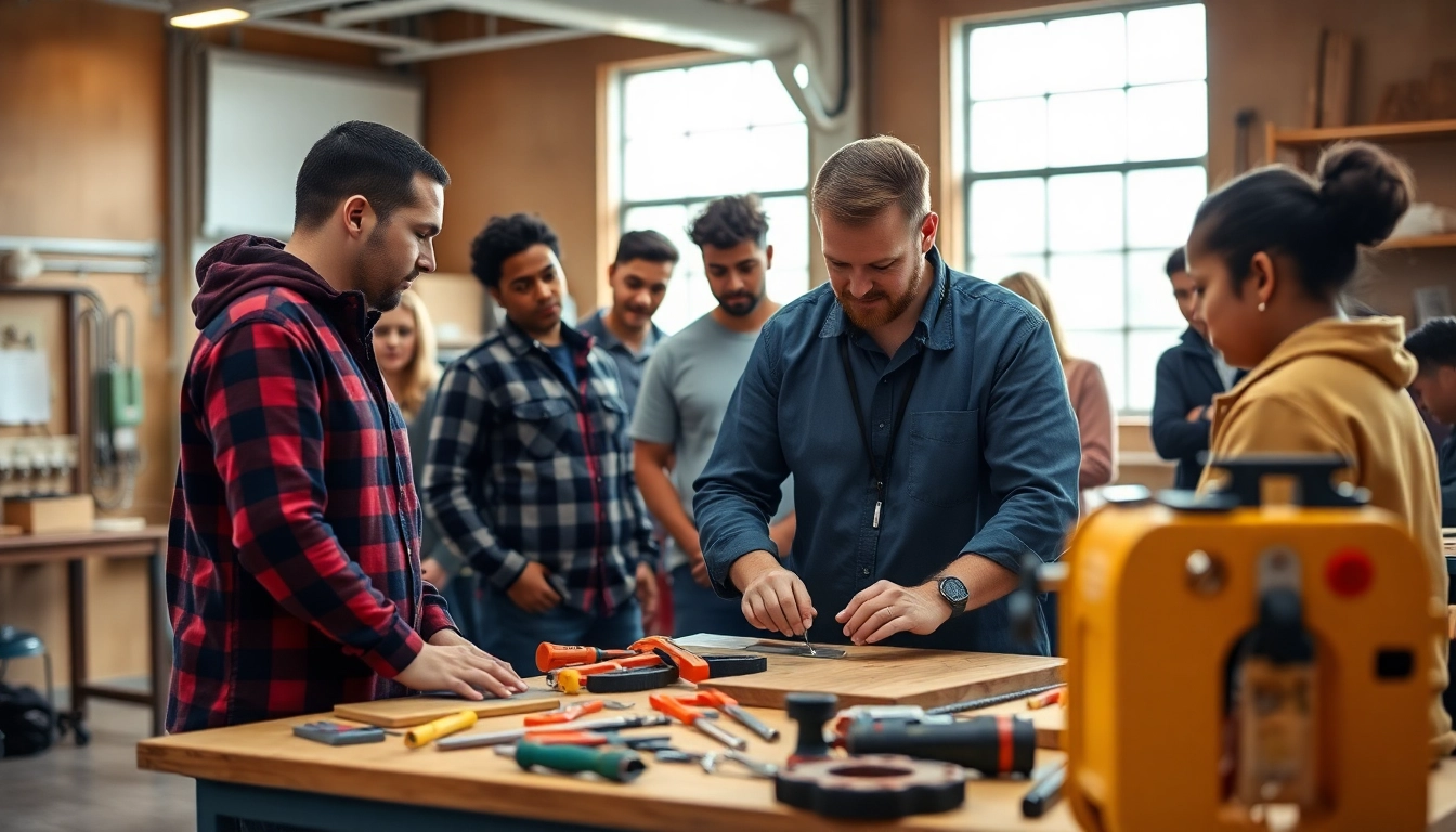 Students engaging in hands-on training at a trade school Knoxville TN with an experienced instructor guiding them.