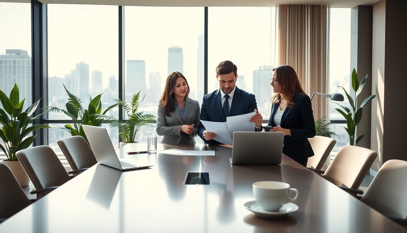 real estate lawyer consulting clients in a modern office, highlighting professionalism and trust