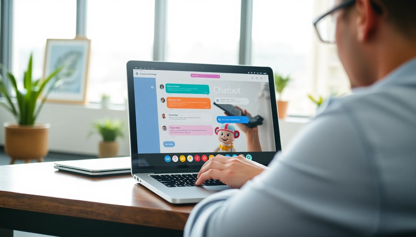 Engaging website chatbot assisting a customer through a laptop in a modern office environment.